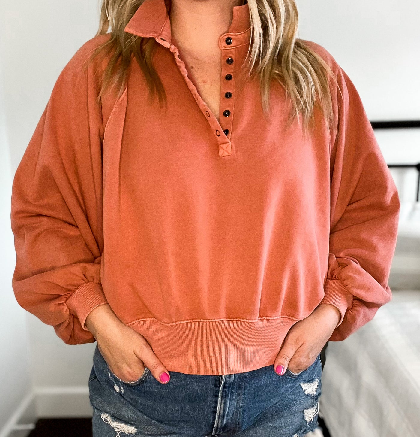 Collared half snap sweatshirt