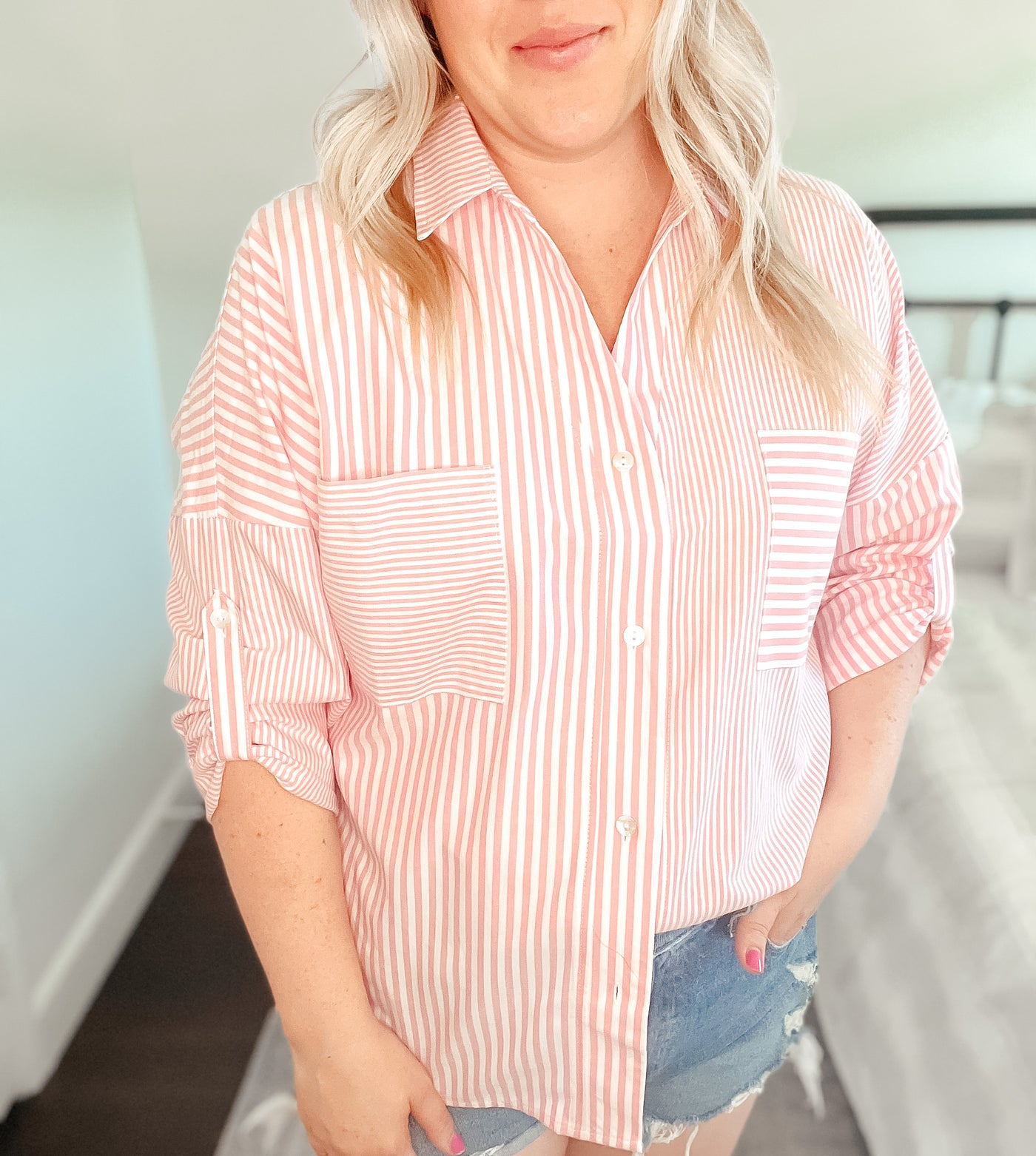 Pink and white stripe button up