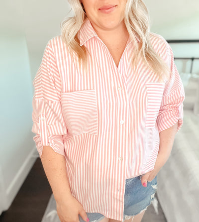 Pink and white stripe button up
